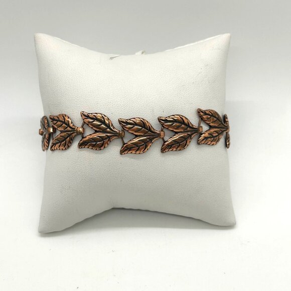 Vintage Copper Leaf Link Bracelet 7.5" With Hook Clasp Design - Picture 2 of 12